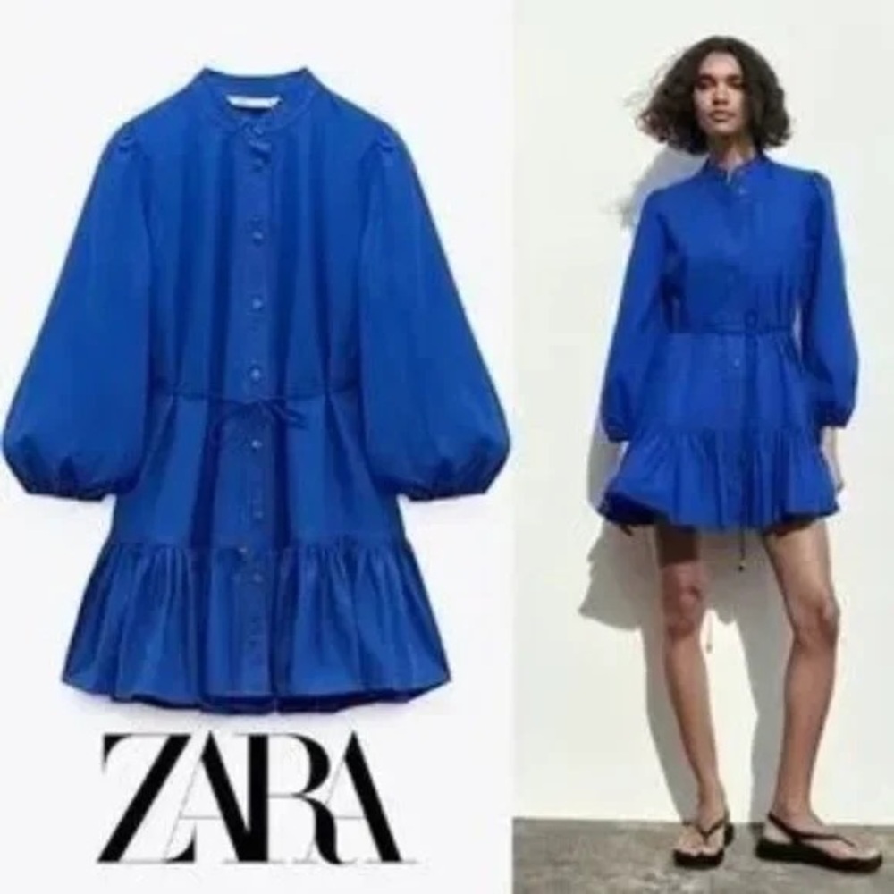 NWT ZARA BLUE RUFFLED BELTED DRESS - Picture 2 of 9